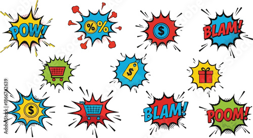 Comic book style sale and shopping icons for commerce and business, advertising and promotions