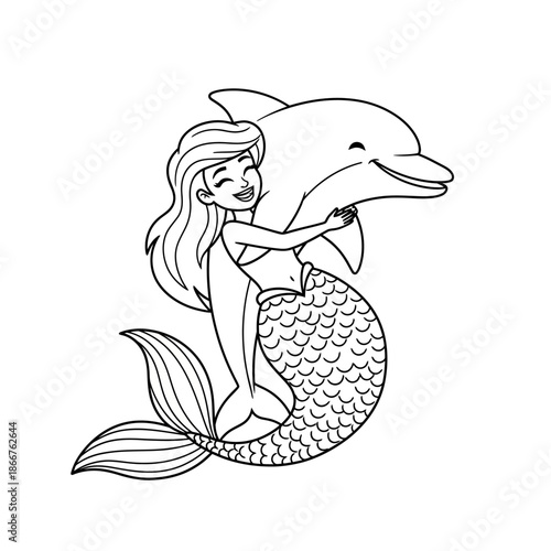 A smiling mermaid with long hair hugs and playfully interacts with a friendly dolphin in a whimsical illustration with black and white and friendship