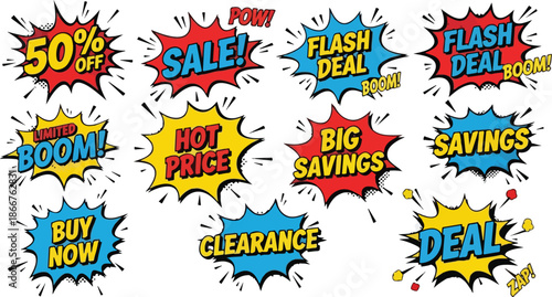 Comic book style promotional sale graphics with discounts, deals, and special offers