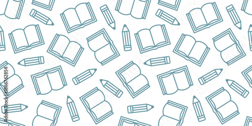 ノートと鉛筆のシームレス背景画像。（Seamless background image of notebooks and pencils.）
