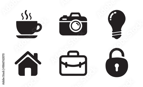 Set of black icons on including coffee and camera
