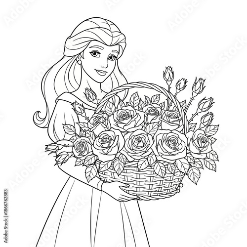 A smiling woman with long hair holding a large basket filled with roses and rosebuds with illustration and black and white and romantic and feminine