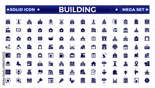 Building web icons in solid style. Hotel, hospital, apartment, city, townhouse, mall, coffee, collection.