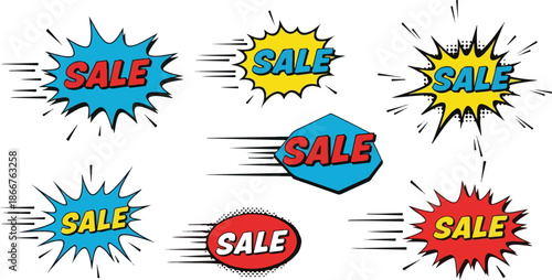 Collection of Sale Banners in Comic Book Style with Motion Effect for Retail and Promotions