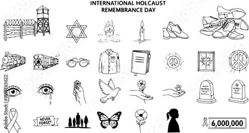 International Holocaust Remembrance Day Vector Icons Set. Black and White Hand-drawn Line Art Symbols of Genocide, Remembrance, Hope, and Peace for History and Human Rights Education.