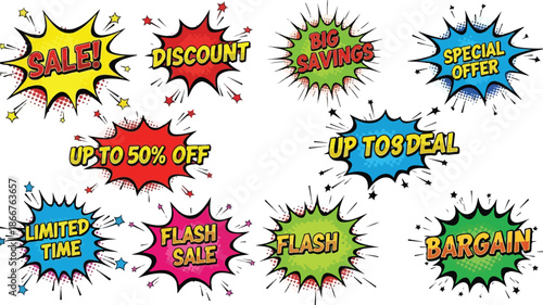 Collection of Comic-Style Sale and Discount Badges for Promotions and Special Offers
