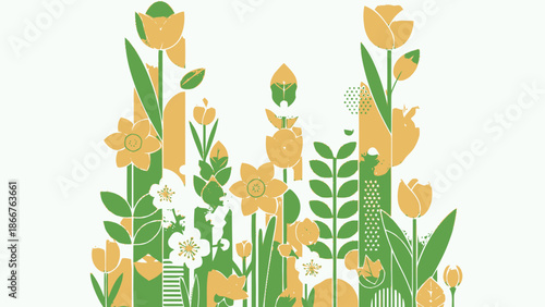 Vibrant vertical arrangement of yellow and green spring flowers and plants creating a decorative border on an isolated white background.