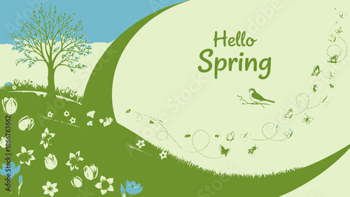 Welcoming "Hello Spring" landscape illustration with a vibrant tree, blooming flowers, and butterflies on rolling green hills under a blue sky.