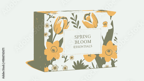 Decorative box with "Spring Bloom Essentials" text and charming floral pattern, on a soft pastel background.
