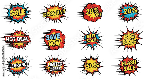Collection of sale and discount promotional badges, perfect for advertising and marketing campaigns