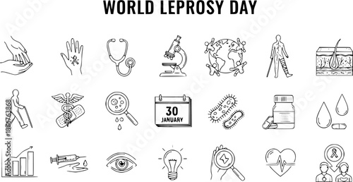 World Leprosy Day Medical Health Awareness Icons Set. Hand-drawn Line Art Symbols for Disease Prevention, Treatment, and Support. Global Public Health Vector Illustrations.