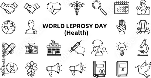 World Leprosy Day Health Medical Awareness Black  White Line Art Icons Set. Global Disease Prevention, Treatment, Support, and Care Outline Vector Symbols Collection for Healthcare.