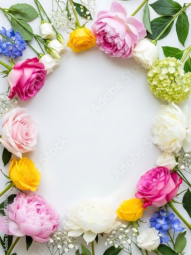 Floral Wreath with Assorted Spring Blossoms on White Surface Background