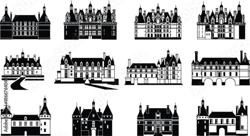 European castle silhouettes set historic palaces chateaux medieval architecture vector illustration isolated black landmarks royal heritage collection