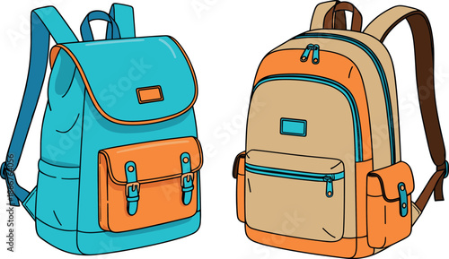 Vector illustration of teal and tan backpacks with orange accents isolated on white for travel and education themes.