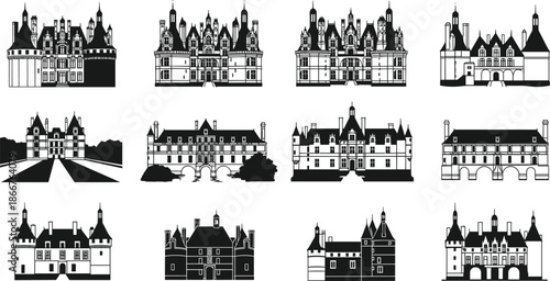 European castle silhouettes collection historic palaces chateaux architecture vector illustration isolated black landmarks medieval royal buildings set heritage travel tourism