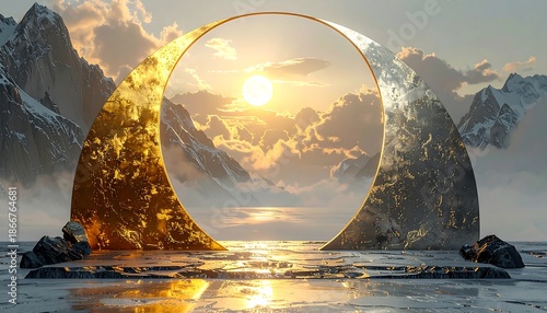 Golden Portal Reveals Majestic Mountain Landscape and Sunlight.