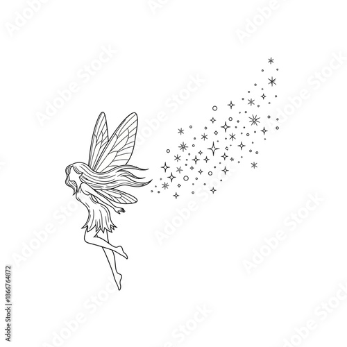 Black and white illustration of a fairy with sparkles and stars flying through the air in a whimsical scene with magic and fantasy and art and design