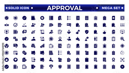 Approval solid icons set. Check mark, certified, validation, agreement, thumbs up, settings, shield icons, and more signs. Solid icon collection.