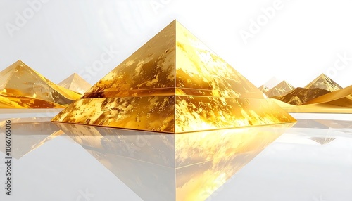Golden pyramids reflecting on a white surface.