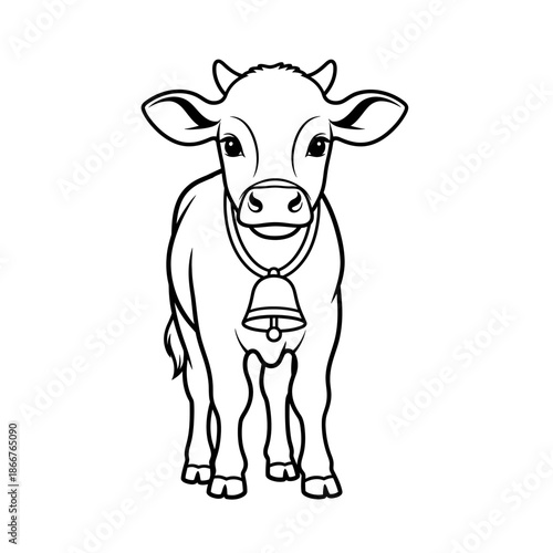A cute smiling cow illustration with a bell around its neck on a white background with black and white and cartoon cow and farm animal and cute animal