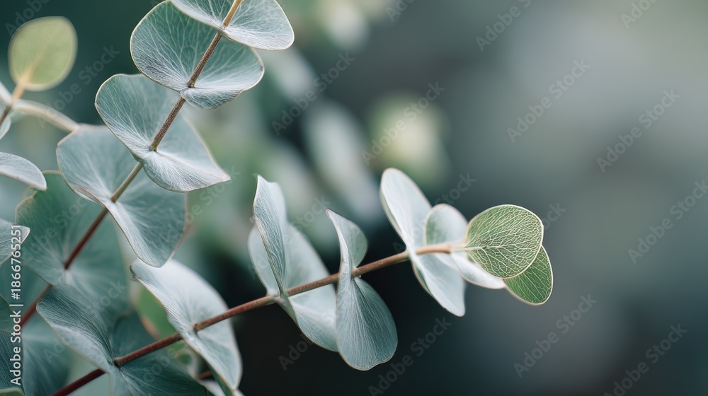 Fototapeta premium Blurred Eucalyptus Branches Background with Sage Green Highlights