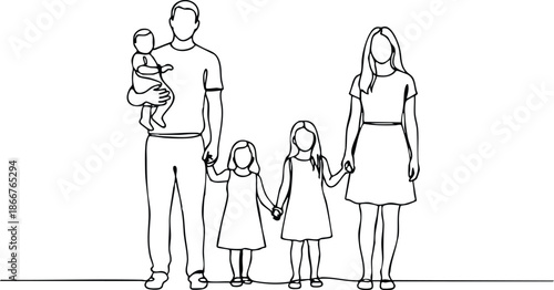 Vector Continuous Line Graphic of a Family, Generations Bound: A Continuous Line Portrait, One-Line Drawing of a Family of Five, Minimalist Family Line Art Illustration, vector, illustration.