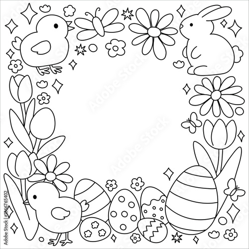 Doodle Spring Easter bunny with eggs and flower frame illustration vector
