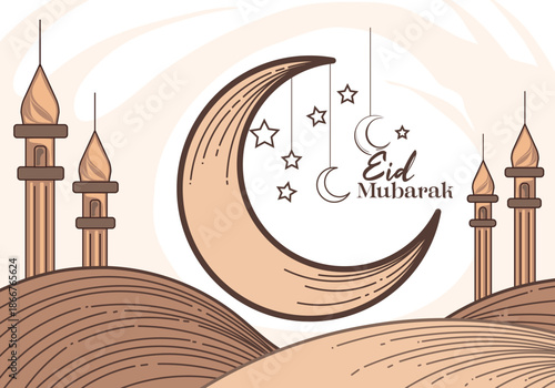 eid mubarak moon and mosque beautiful wave background. eid mubarak glowing crescent moon greeting card background