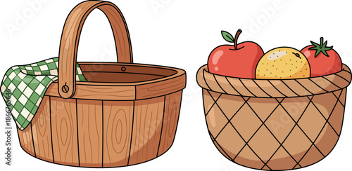 Vector illustration of wooden picnic basket with checkered cloth and woven fruit basket isolated on white background.
