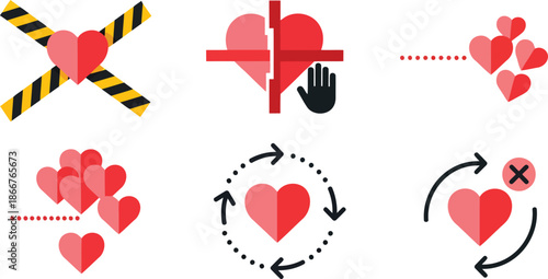 Conceptual Heart Icons Showing Emotions Warnings and Relationship States on transparent background