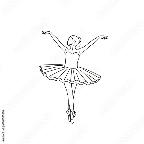 A beautiful ballerina dancer in a graceful pose with outstretched arms and a flowing tutu on a white background performing ballet with line and drawing