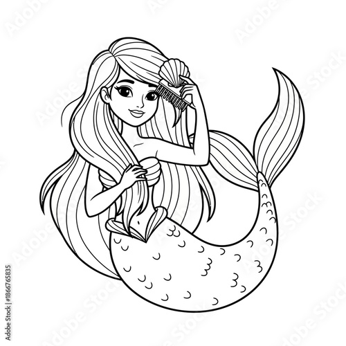 A smiling cartoon mermaid with long flowing hair brushing her locks with a comb in a beautiful tail a delightful illustration for kids and children