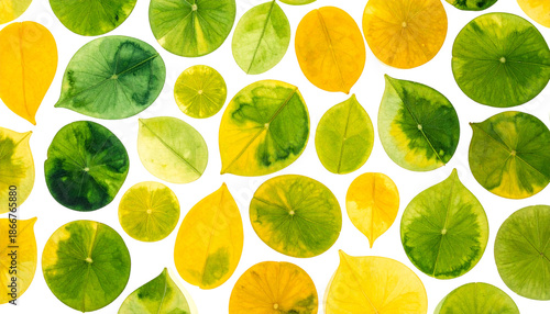 An overhead view shows vibrant green and yellow leaves scattered