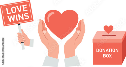 A graphic illustration of hands holding a heart with a donation box and love wins sign on transparent background
