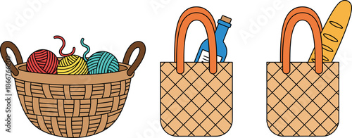Vector illustration of yarn basket and woven tote bags with wine and baguette for artisanal lifestyle themes.
