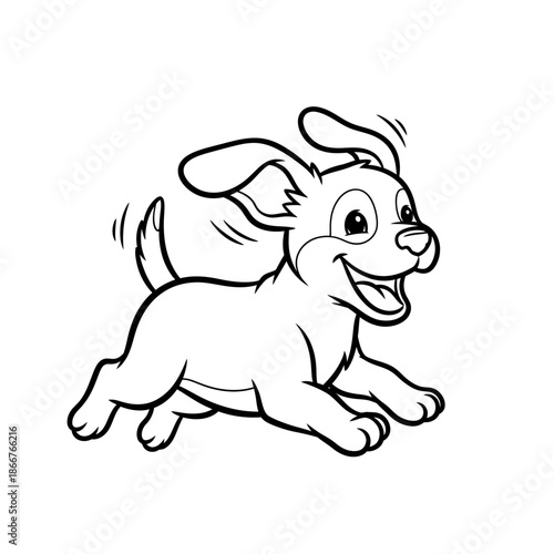 A happy cartoon dog running with motion lines and a joyful expression on its face in a playful illustration style with happy dog and running dog