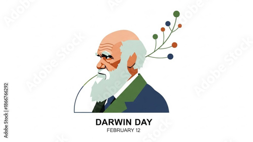 Illustration of charles darwin on darwin day february 12th with floral element