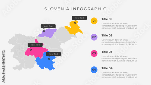 Slovenia map infographic template with 4 options. Slovenia political map infographic for presentation.
