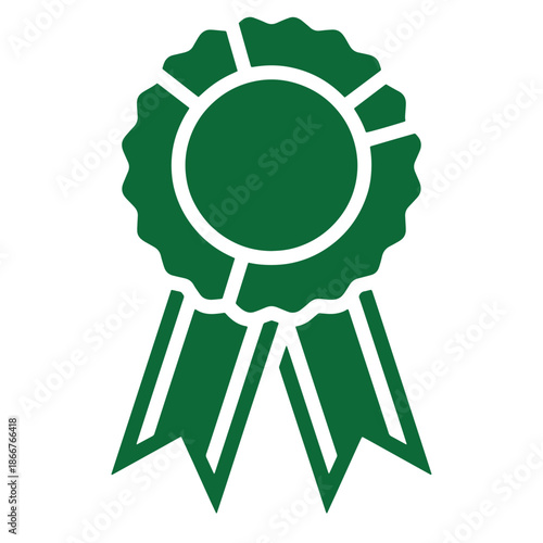 Green award ribbon icon with circular center and two tails  symbol of achievement and recognition