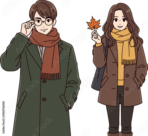 Vector illustration of young couple in autumn coats and scarves holding maple leaf for seasonal lifestyle fashion.