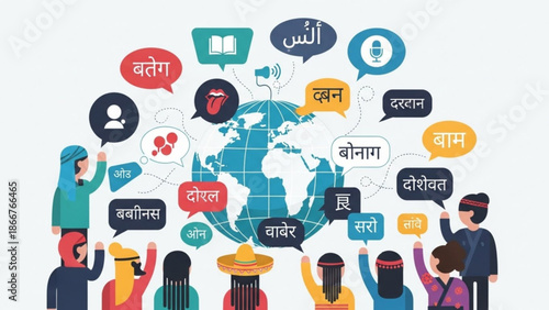 Diverse group of people communicating globally with multilingual speech bubbles surrounding