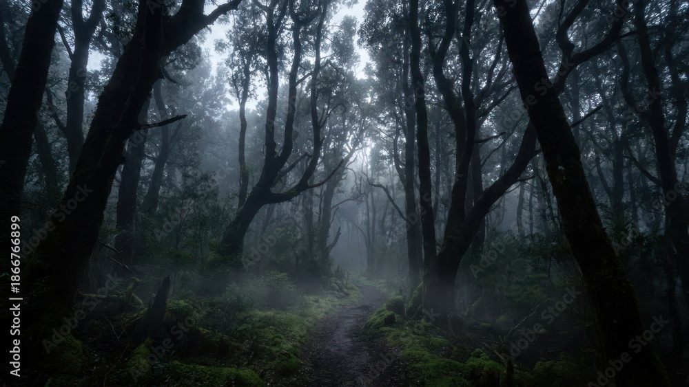 Obraz premium Dark Moody Forest Path With Tall Trees For Mysterious Nature Concept Background