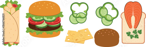 Vector illustration set featuring a burger chicken wrap salmon toast and assorted fresh ingredients for food menu designsVector illustration set featuring a burger chicken wrap salmon toast and assort
