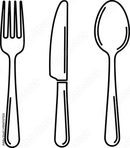 Fork knife spoon outline vector illustration isolated kitchen cutlery icons minimalist line art dining utensils set black white simple design