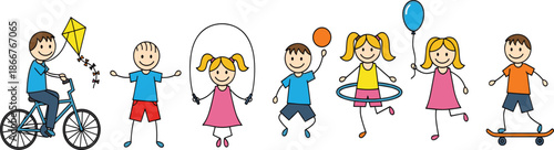 Happy children playing outdoor activities cartoon illustration kids cycling jumping rope skating balloons toys colorful vector isolated white background design