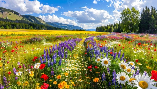 Vibrant Wildflower Meadow in Full Bloom with Mountains and Blue Sky.