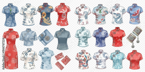 Collection of various traditional Chinese qipao dresses and tops with intricate patterns.