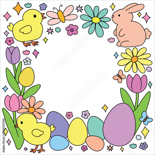 Doodle Spring Easter bunny with eggs and flower frame illustration vector