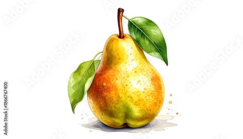 Watercolor painting of a ripe pear with green leaves on a white background.